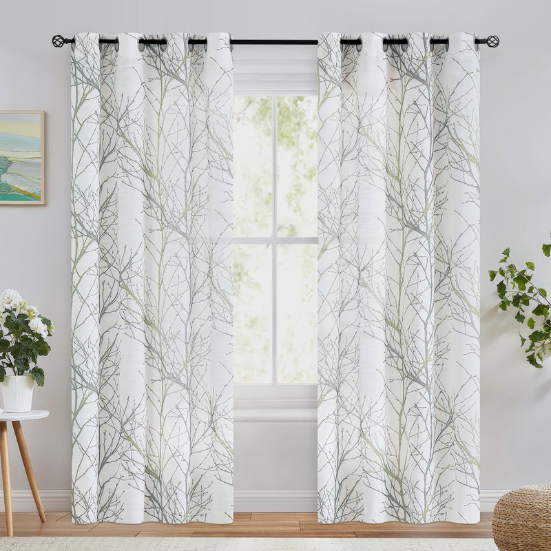 FMFUNCTEX Linen Semi Sheer Curtains for Bedroom, Sage Green White Curtains 72 Inches Long for Living Room, Grey Tree Branch PPrint Curtain Light Filtering Farmhouse Window Drapes, Grommet Top 2 Panels - Image 2
